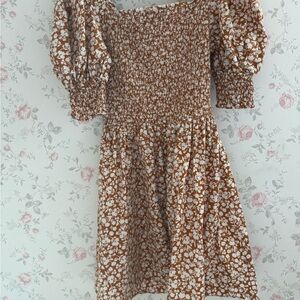 1. State Rust Floral Smocked Puff-Sleeve Midi Dress